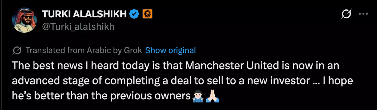 Turki Alashshikh comenta para la persona UTD (foto: Twitter)