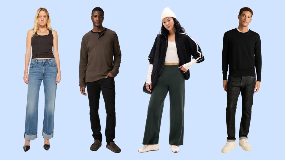 Cuatro modelos visten ropa de mamá, Paige, Athleta y Bonobos.