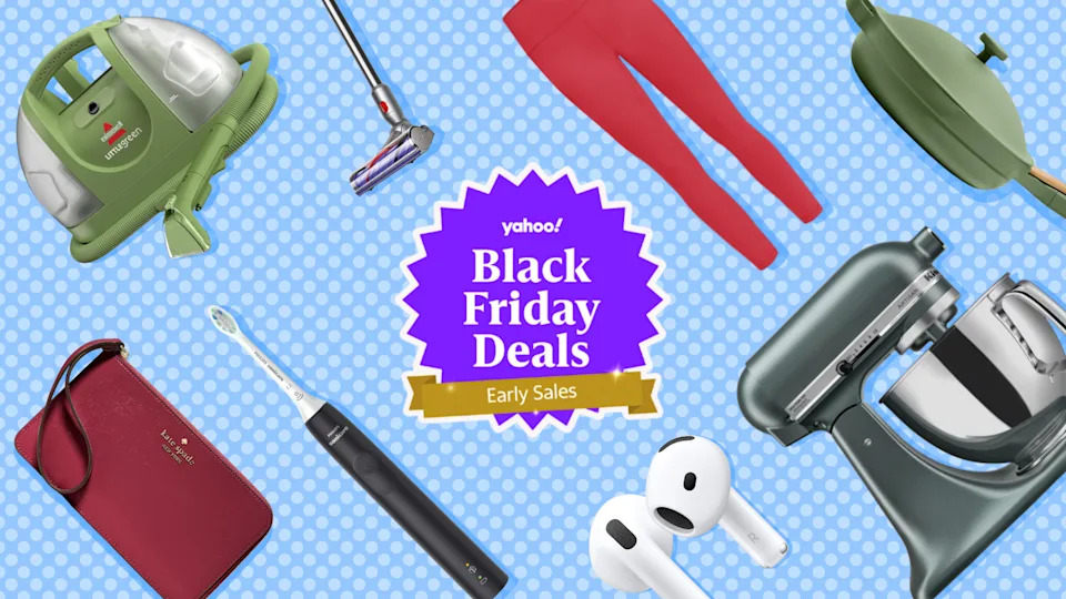 Detalles del producto sobre fondo azul, con un cartel que dice: Yahoo! El Black Friday está haciendo rebajas anticipadas
